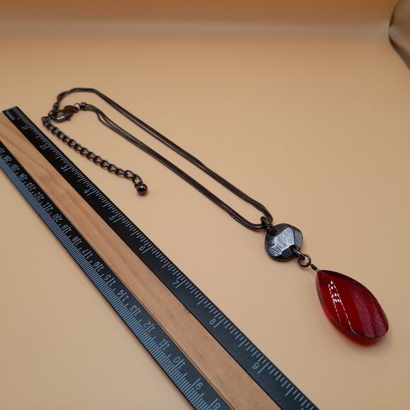 Chico's Red Glass Pendant Necklace, Snake Chains, Gunmetal Gray, 20" - Picture 6 of 11